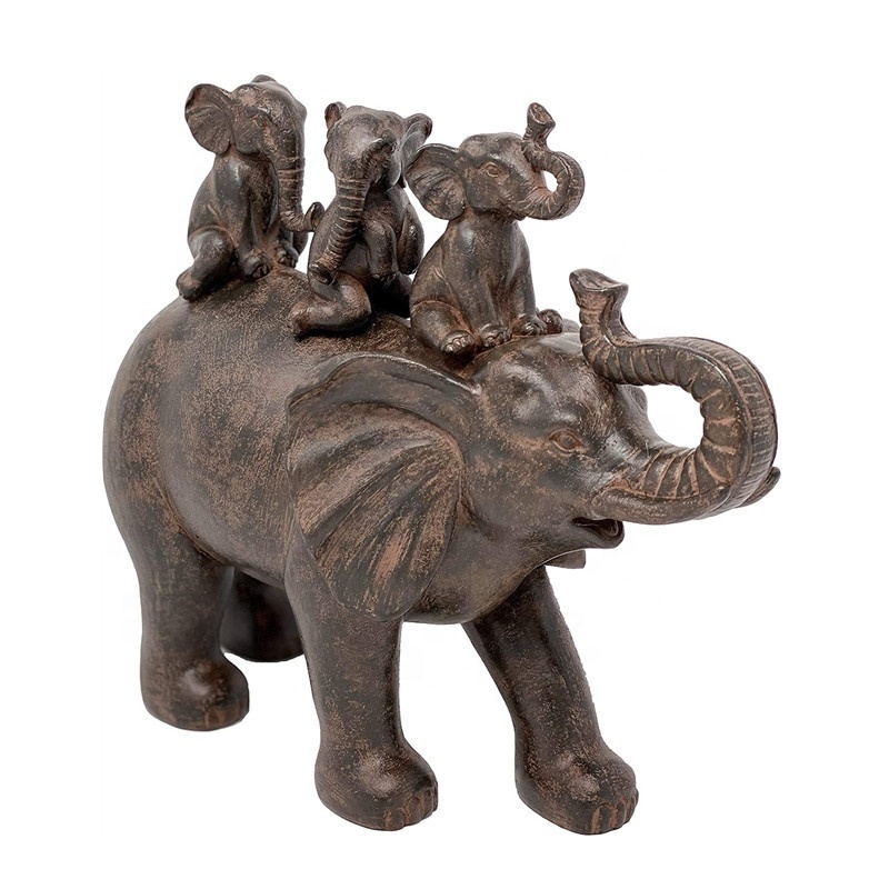 Home Decor Figurine 3 Baby Elephants Riding an Elephant Resin Statue