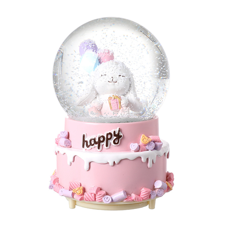 Cute Easter Rabbit Snow Globe With Auto Snowflakes and Music Lighted Happy Birthday Snow Globe