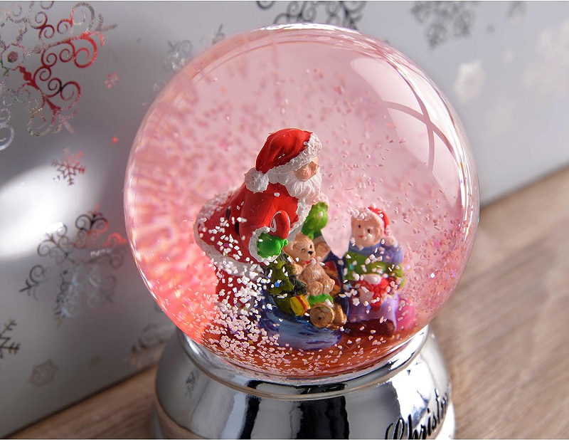 OEM Handmade Polyresin Electroplated Santa Claus with Toys Colour Changing Snow Globe 100mm