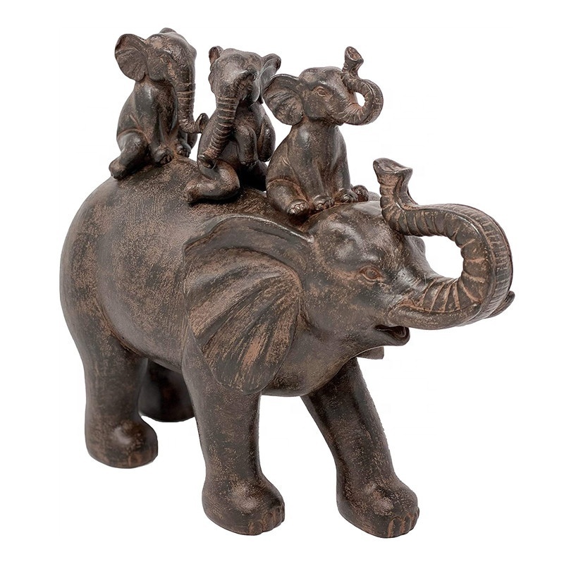 Home Decor Figurine 3 Baby Elephants Riding an Elephant Resin Statue