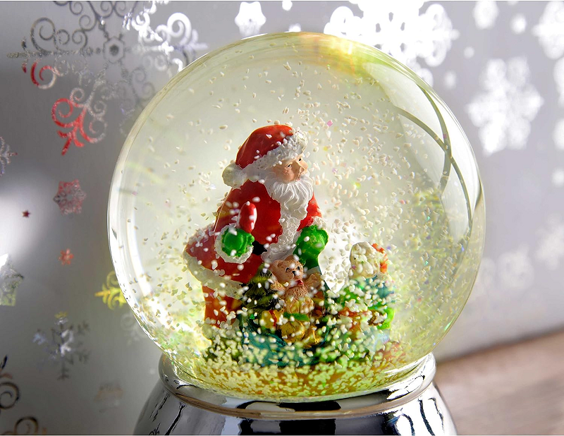 OEM Handmade Polyresin Electroplated Santa Claus with Toys Colour Changing Snow Globe 100mm