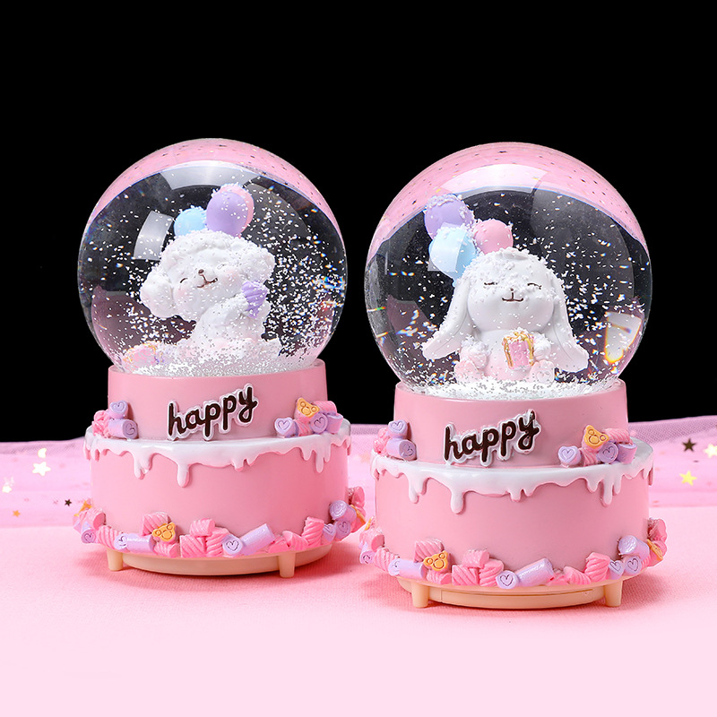 Cute Easter Rabbit Snow Globe With Auto Snowflakes and Music Lighted Happy Birthday Snow Globe