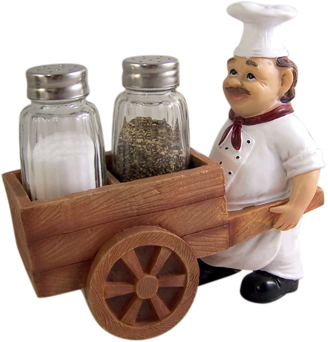 French Country Resin Chef With Cart Figurine Statues Salt And Pepper Shakers Holder Chef Statue For Kitchen