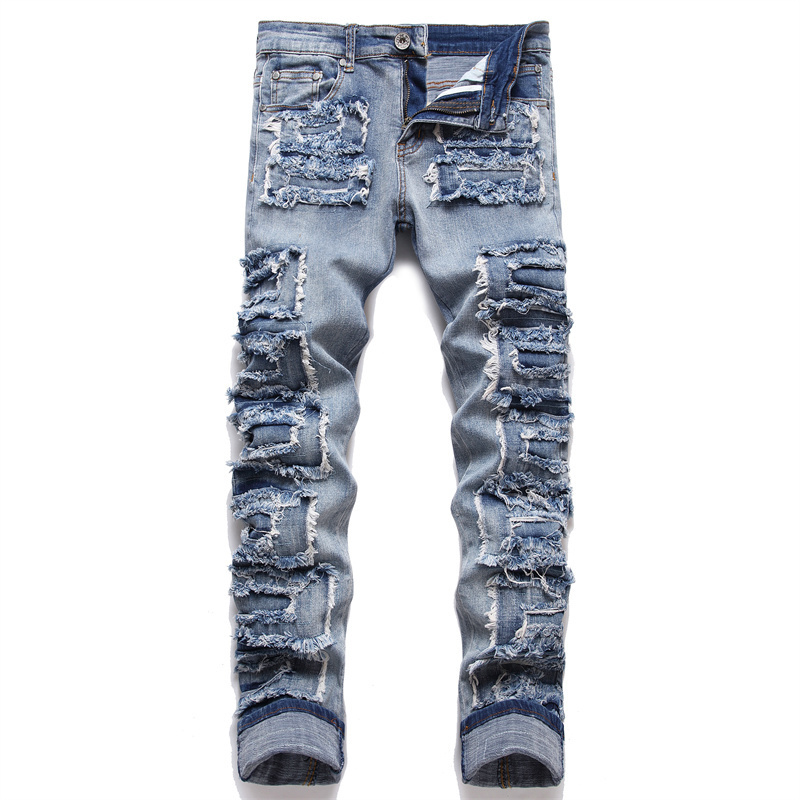 Manufacture in Bulk Destroyed Ripped Damaged Patch Colorful Denim Jeans with Favourable Price