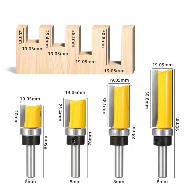 4pcs 8 Shank Pattern Trim Template Flush Trim Router Bit - 3/4