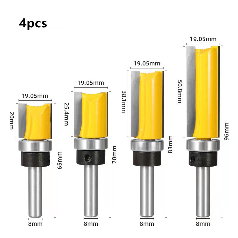 4pcs 8 Shank Pattern Trim Template Flush Trim Router Bit - 3/4