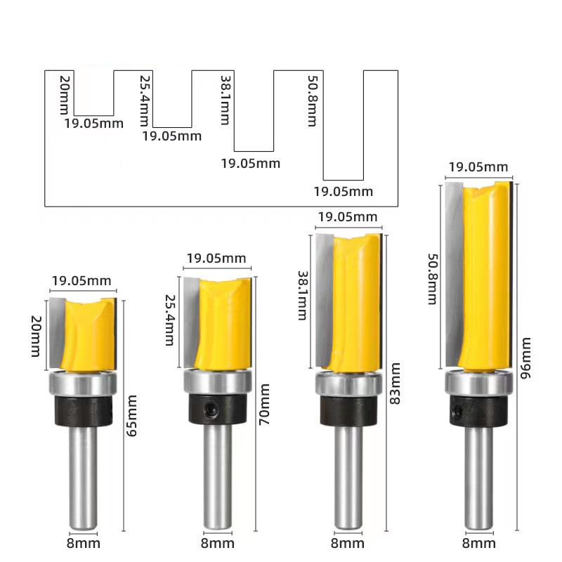 4pcs 8 Shank Pattern Trim Template Flush Trim Router Bit - 3/4