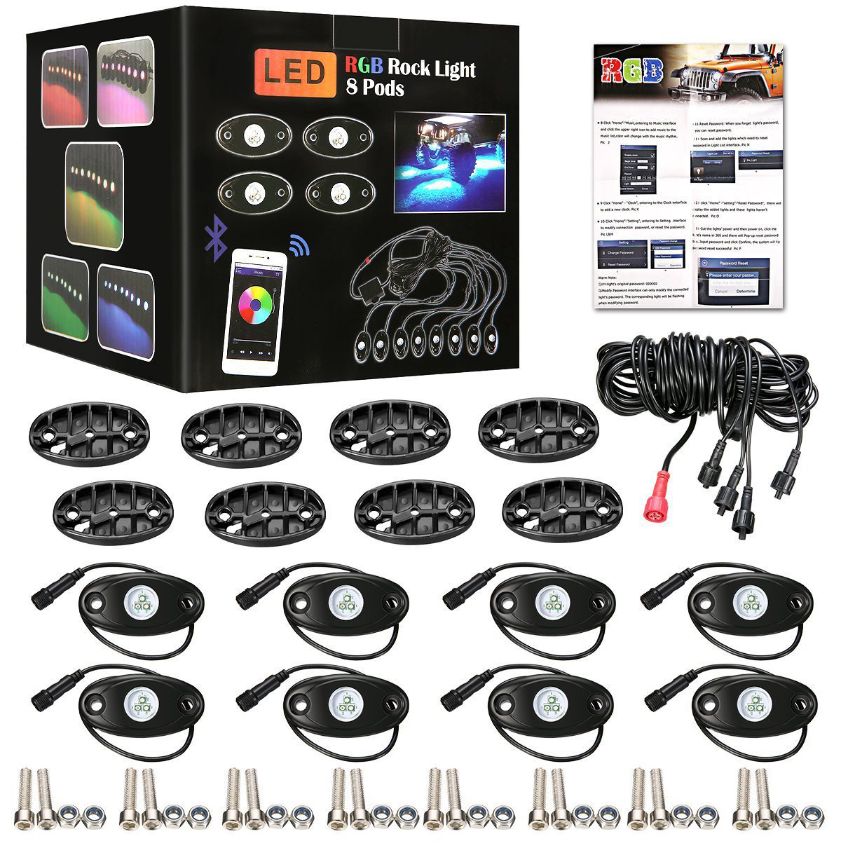 Liwiny Off-road Atv Utv 9w Waterproof 12v 8 Pods Undergbody Glowing Up Car Neon Light Rgb Led Rock Lights