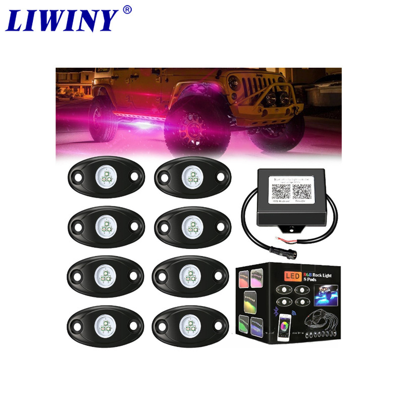 Liwiny Off-road Atv Utv 9w Waterproof 12v 8 Pods Undergbody Glowing Up Car Neon Light Rgb Led Rock Lights