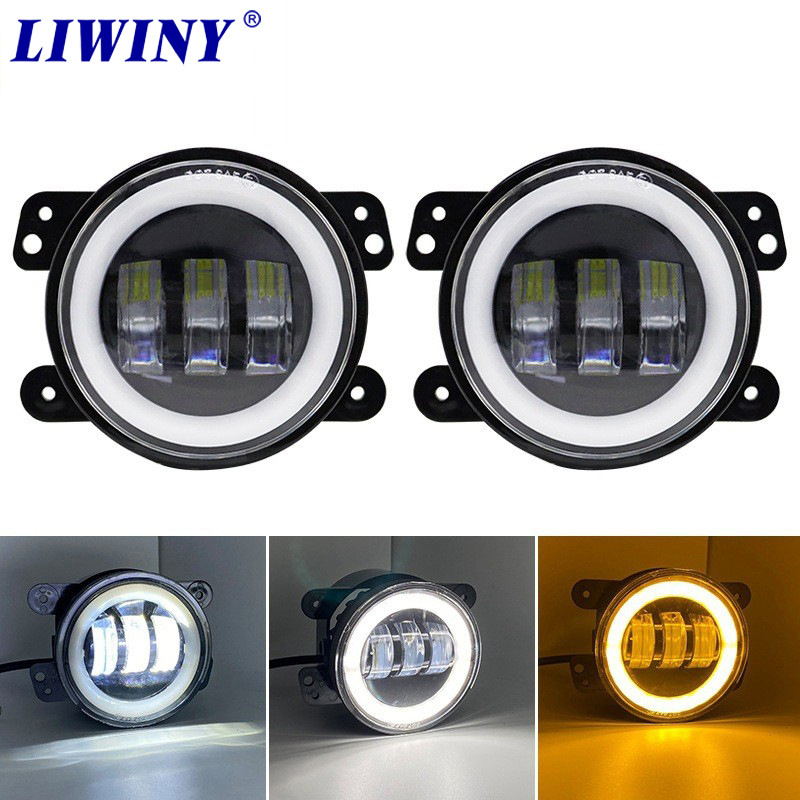 Liwiny 4inch 30w Led Fog Lights Replacement 12v Car Front Bumper Round Fog Driving Light White And Amber Halo Turning Signal