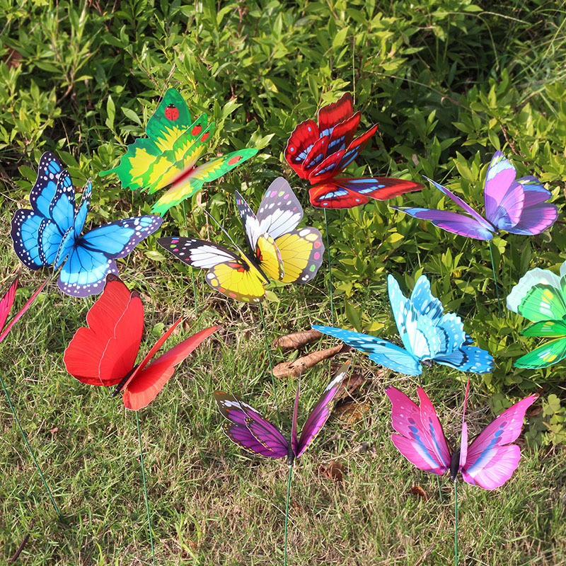 DREA Beautiful garden decorations 3D Double Wing Waterproof PVC Material flying butterfly garden stakes