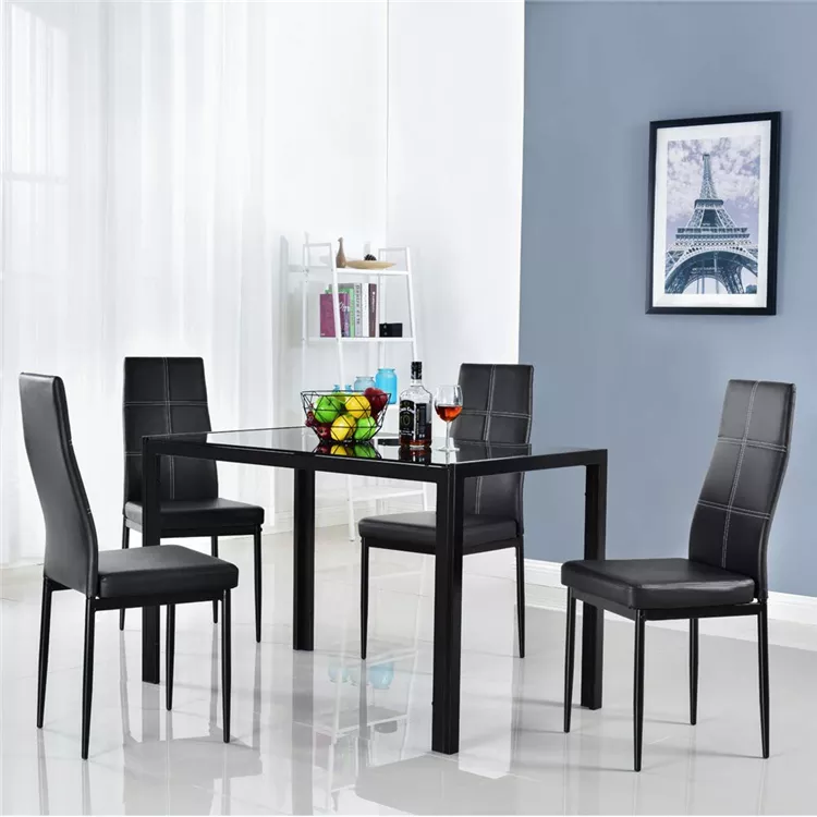 Italian Small 4 Seat Black Glass Top Metal Dinning Table Set 4 6 8 Chairs Luxury Classic Mirror Empered Glass Dining Table Set