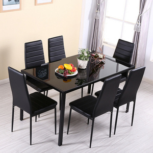 Italian Small 4 Seat Black Glass Top Metal Dinning Table Set 4 6 8 Chairs Luxury Classic Mirror Empered Glass Dining Table Set