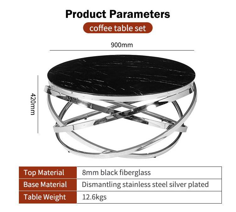 Modern Furniture black round fiber glass Coffee table Leisure Tea Center Table with Stainless steel Frame