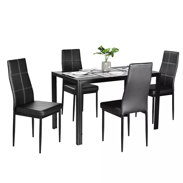 Italian Small 4 Seat Black Glass Top Metal Dinning Table Set 4 6 8 Chairs Luxury Classic Mirror Empered Glass Dining Table Set