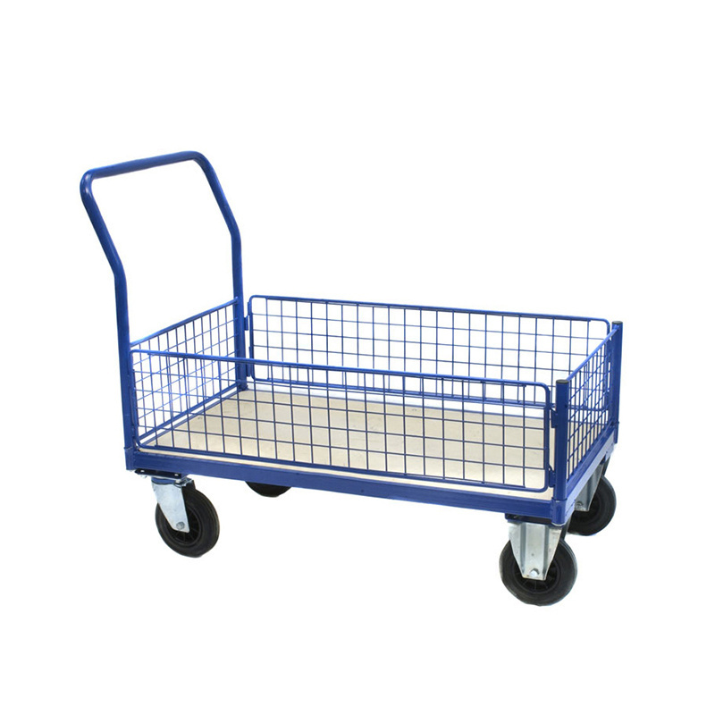 Warehouse Material Handling Carbon Steel Wire Mesh Sides Platform Trolley