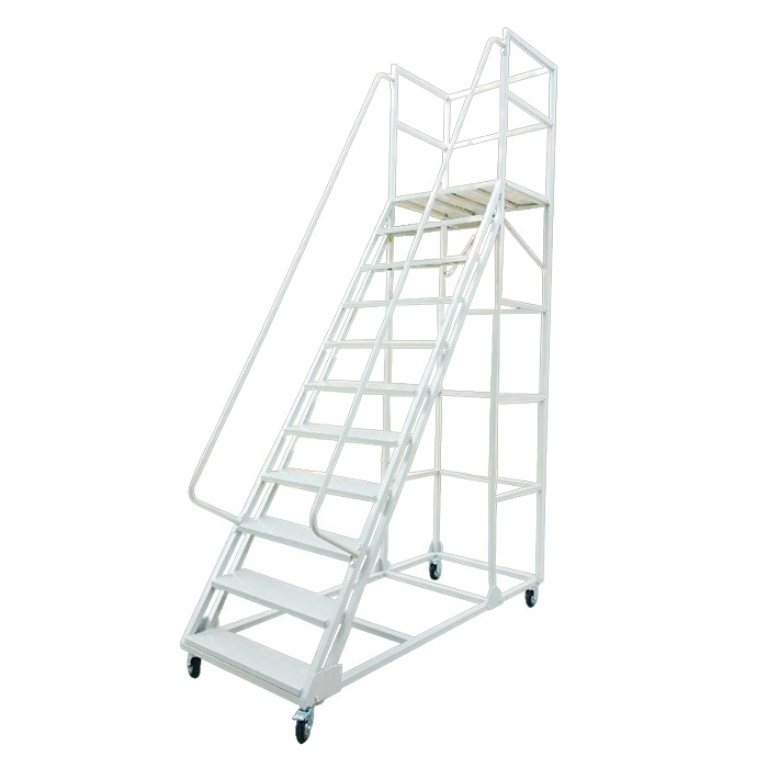 Warehouse Steel Easy Moving Heavy Duty Safety Platform Ladder with Wheels