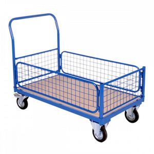 Warehouse Material Handling Carbon Steel Wire Mesh Sides Platform Trolley