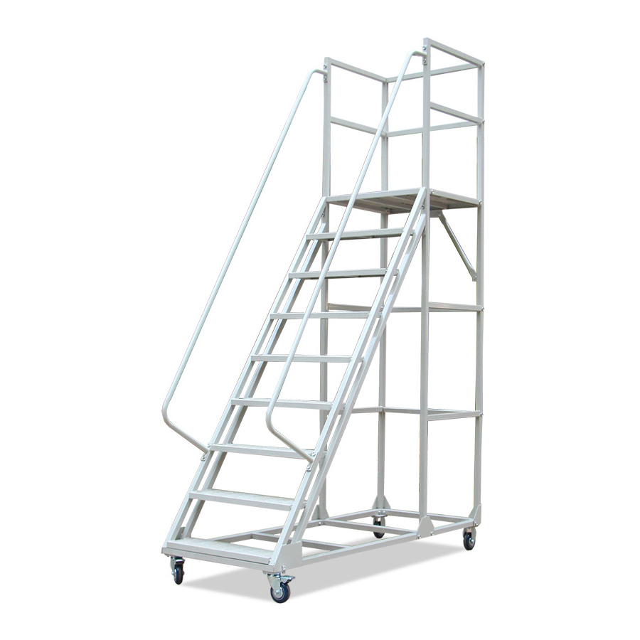 Heavy Duty Steel Rail Rolling 8 Steps Mobile Safety Ladders for Warehouses