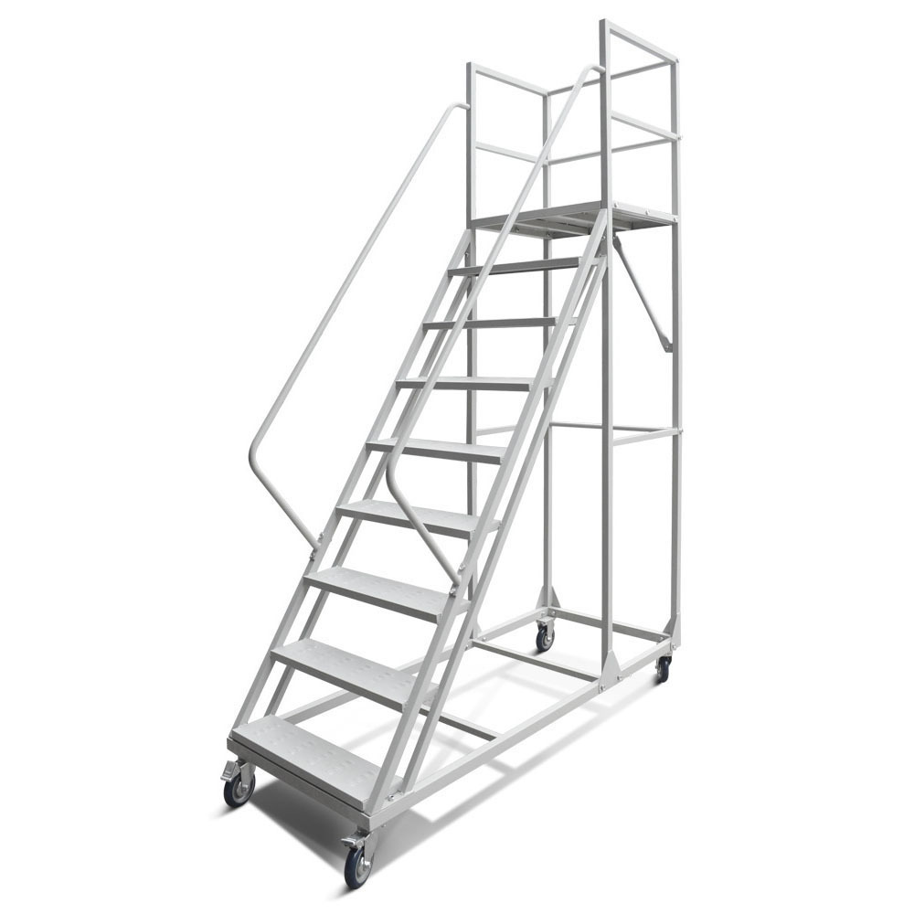 Heavy Duty Steel Rail Rolling 8 Steps Mobile Safety Ladders for Warehouses