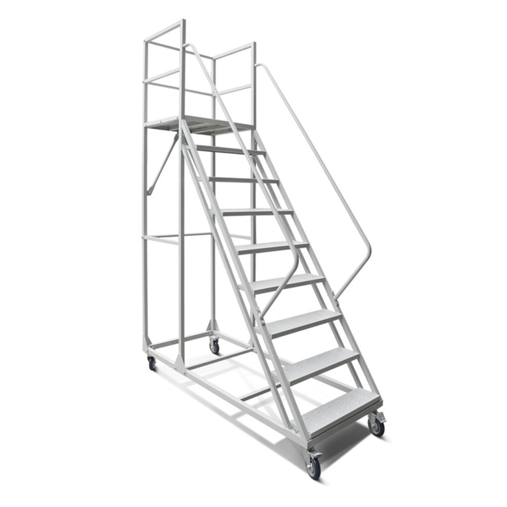 Heavy Duty Steel Rail Rolling 8 Steps Mobile Safety Ladders for Warehouses