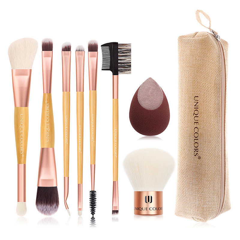 Private Label Makeup Tools Kit Flocking Beauty Sponge Blender 8 Pcs Bamboo Makeup Brushes Set Blush Kabuki Brush