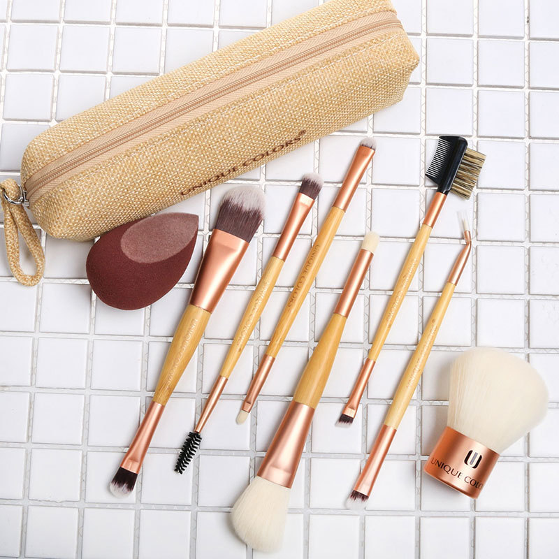 Private Label Makeup Tools Kit Flocking Beauty Sponge Blender 8 Pcs Bamboo Makeup Brushes Set Blush Kabuki Brush