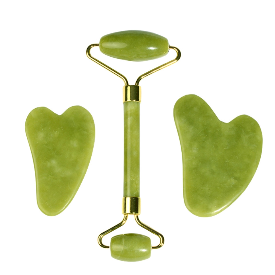 Wholesale OEM brand green Xiuyan jade roller gua sha massage set