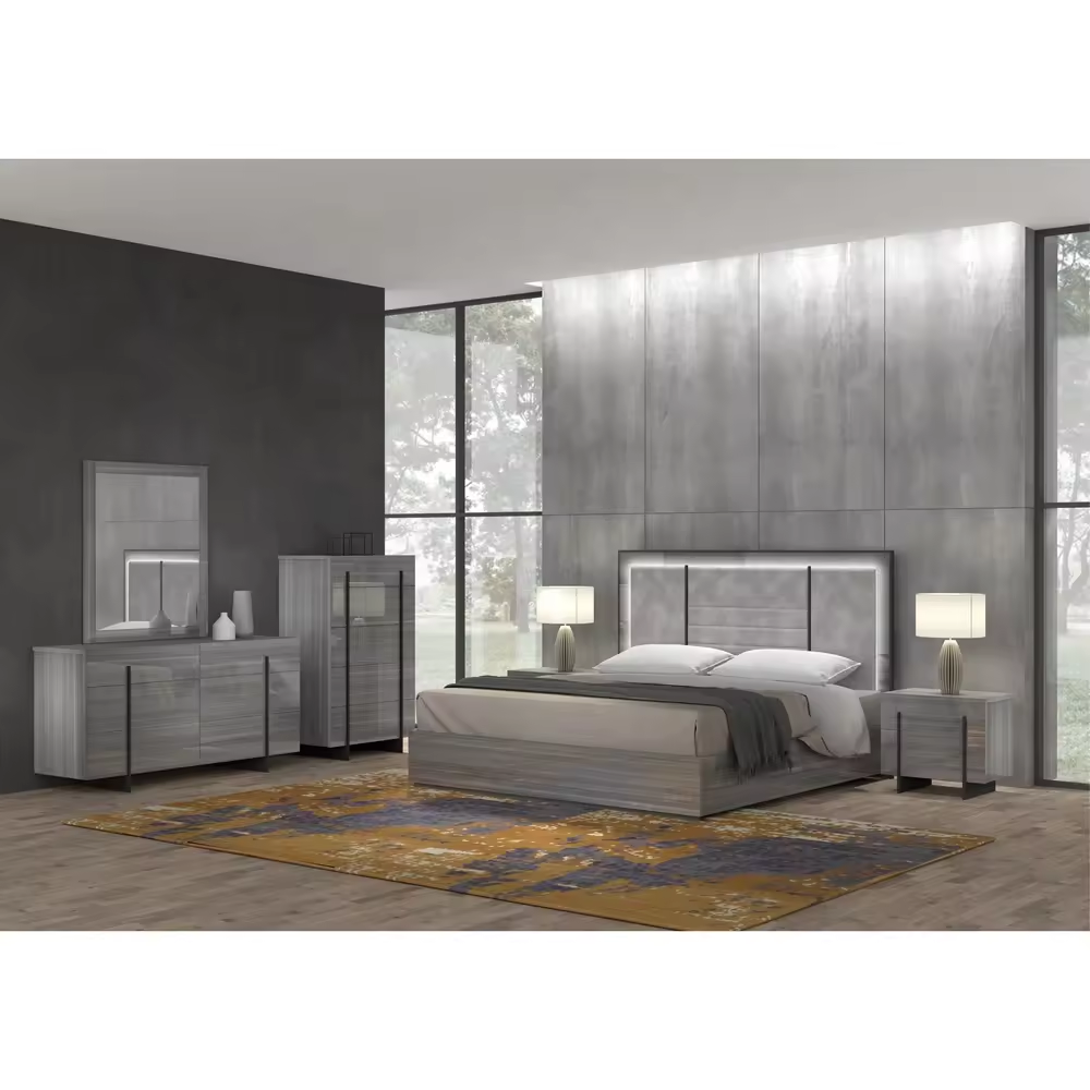 Modern-industrial Design Grey Gloss Finish Bedroom Items With Eucalyptus Grain Black Stripes Decor master bedroom sets