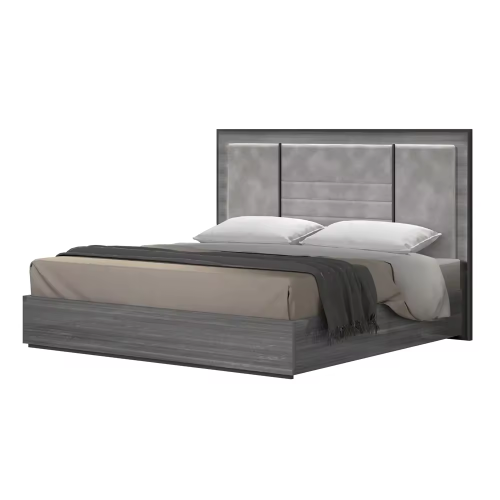 Modern-industrial Design Grey Gloss Finish Bedroom Items With Eucalyptus Grain Black Stripes Decor master bedroom sets