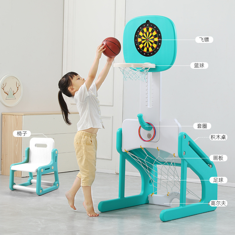 Mulfi-function portable adjustable height plastic basketball stand with magnetic darts and blocks drawing boards for children