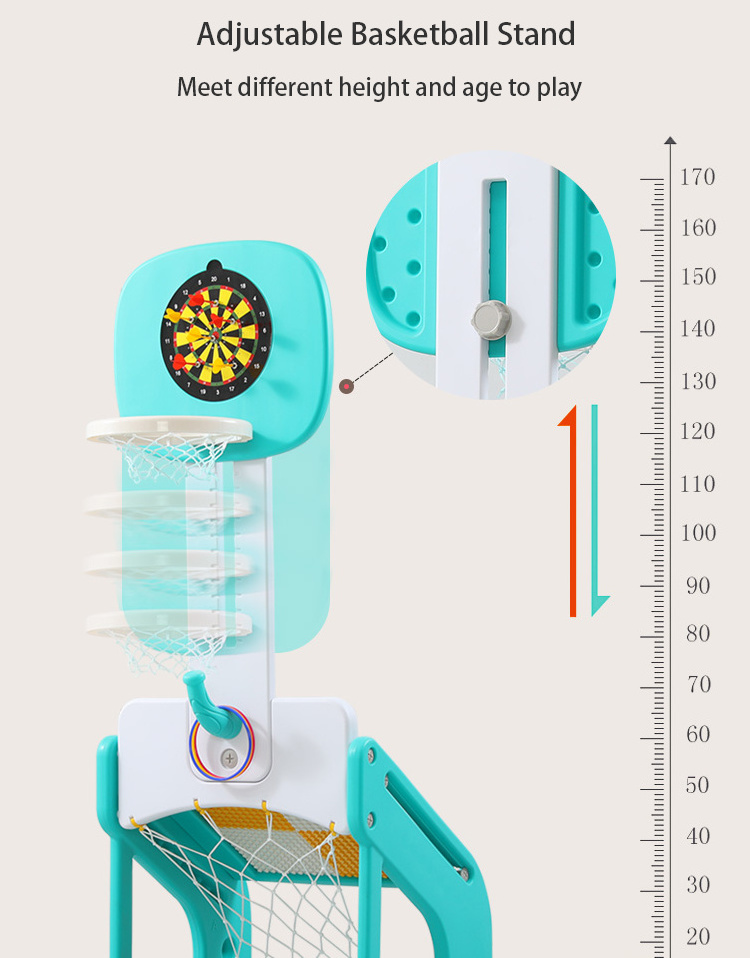 Mulfi-function portable adjustable height plastic basketball stand with magnetic darts and blocks drawing boards for children