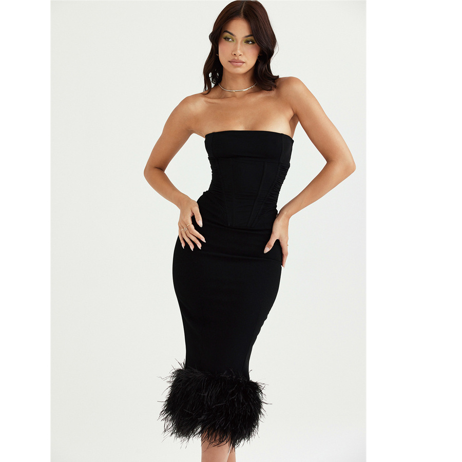 High Street 2023 New Stylish Designer Women's Ostrich Feather Embellished Slash Neck Strapless Midi Bandage Dress