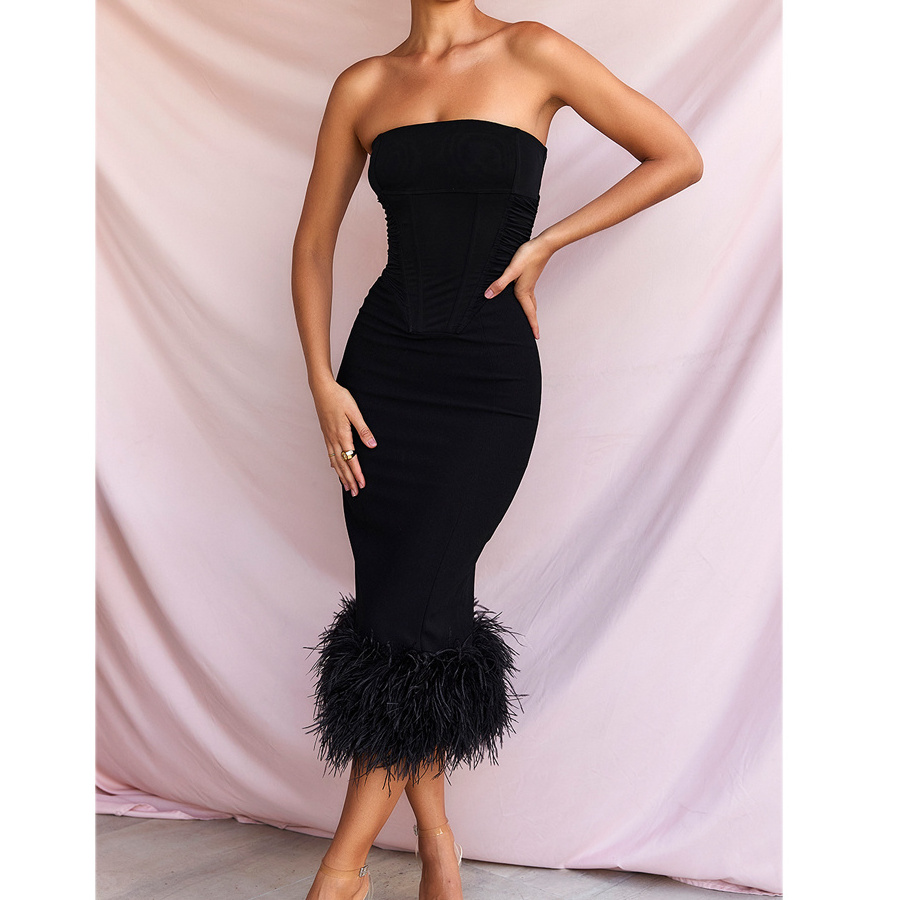 High Street 2023 New Stylish Designer Women's Ostrich Feather Embellished Slash Neck Strapless Midi Bandage Dress