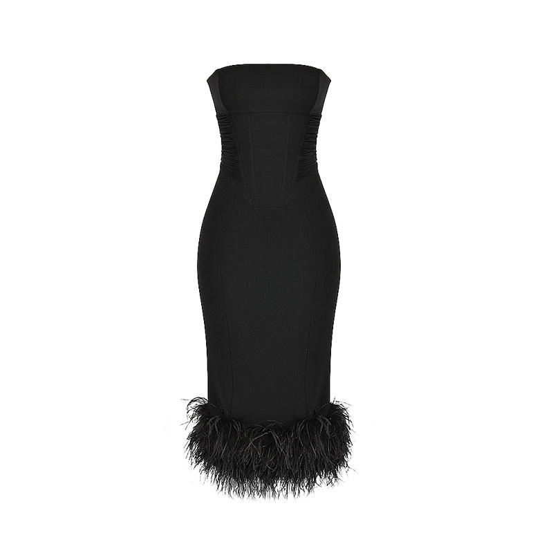 High Street 2023 New Stylish Designer Women's Ostrich Feather Embellished Slash Neck Strapless Midi Bandage Dress