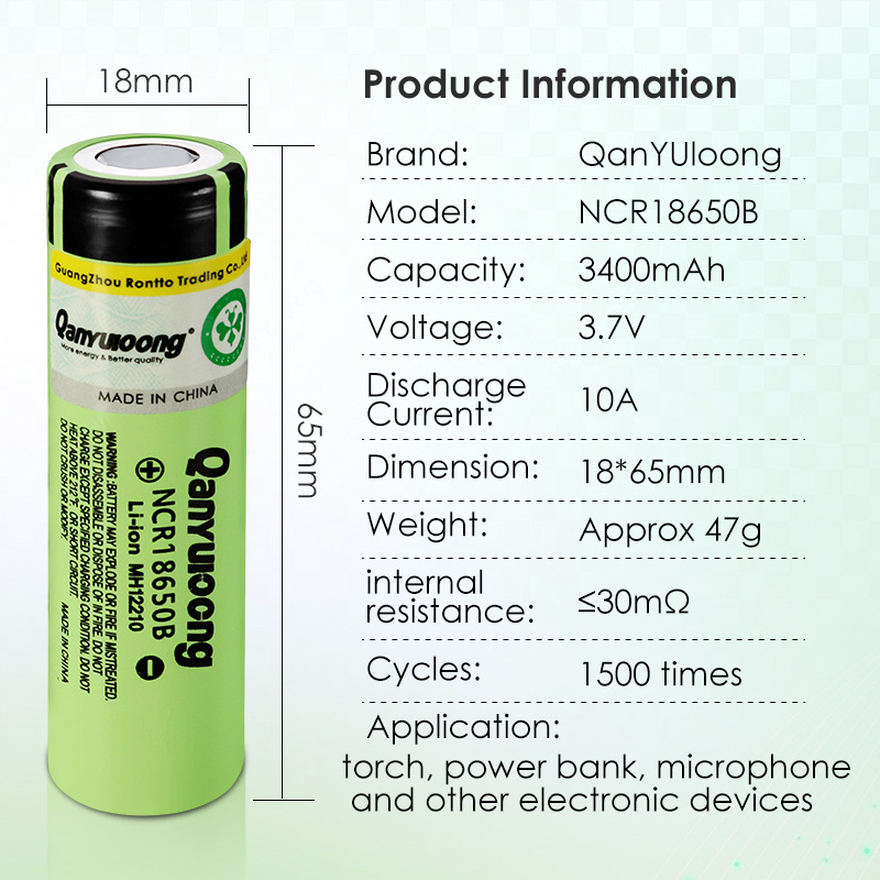 QanYUloong 100% New Original NCR18650B 3.7V 3400mAh 18650 Lithium Rechargeable Battery For Flashlight Batteries Power Bank