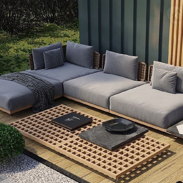 Outdoor waterproof rattan outdoor wicker sofa set modern garden teak wood sofa teak wood patio furniture sofa set