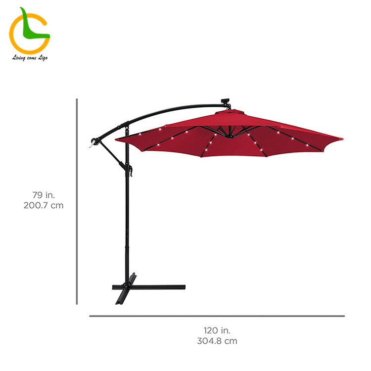 Modern Heavy duty commercial cafe restaurant umbrella red sunny umbrella LED light for outdoor and villa