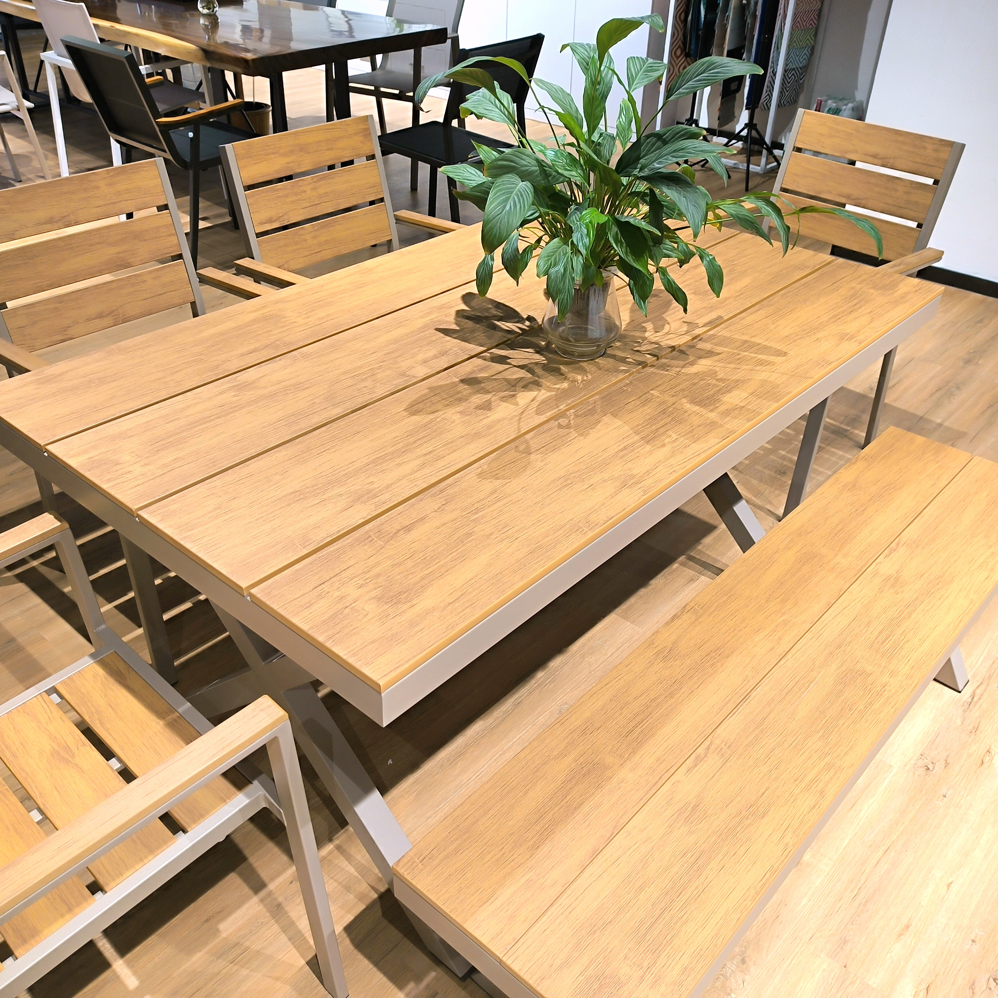 Table outdoor restaurant wood grain commercial bench seats aluminium teak outdoor table de mimbre dinning table set