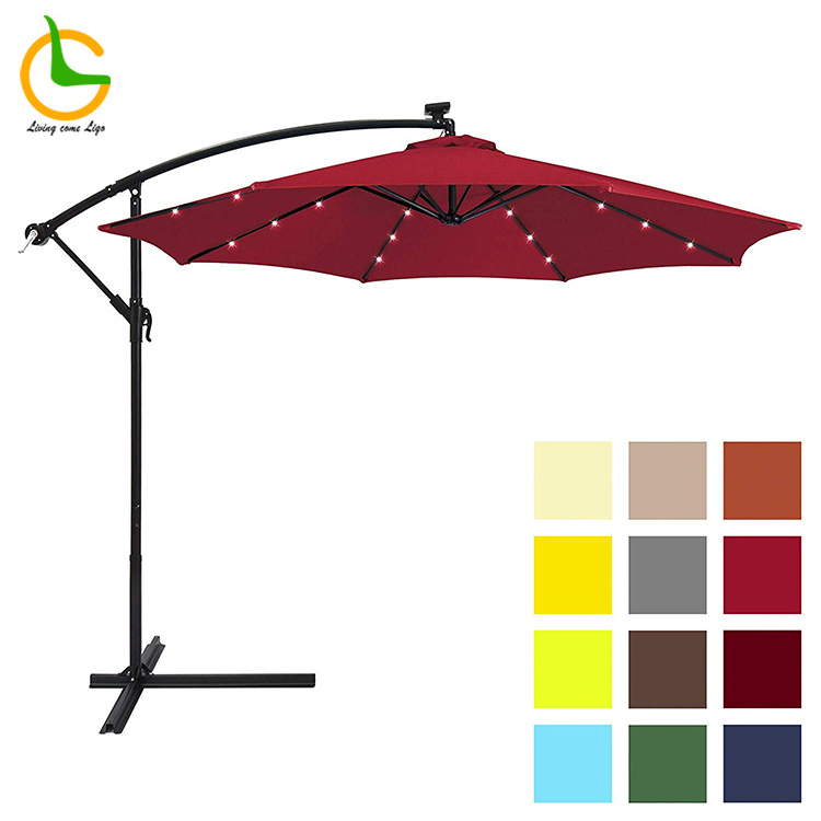 Modern Heavy duty commercial cafe restaurant umbrella red sunny umbrella LED light for outdoor and villa