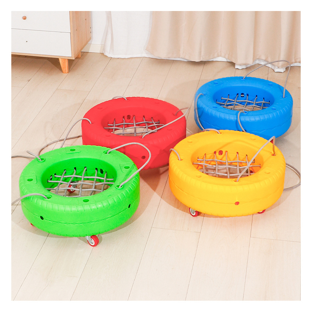 Preschoolers Plastic tyres with net and 4 universal wheels children from 3 years Improving hand foot coordination tire trolley