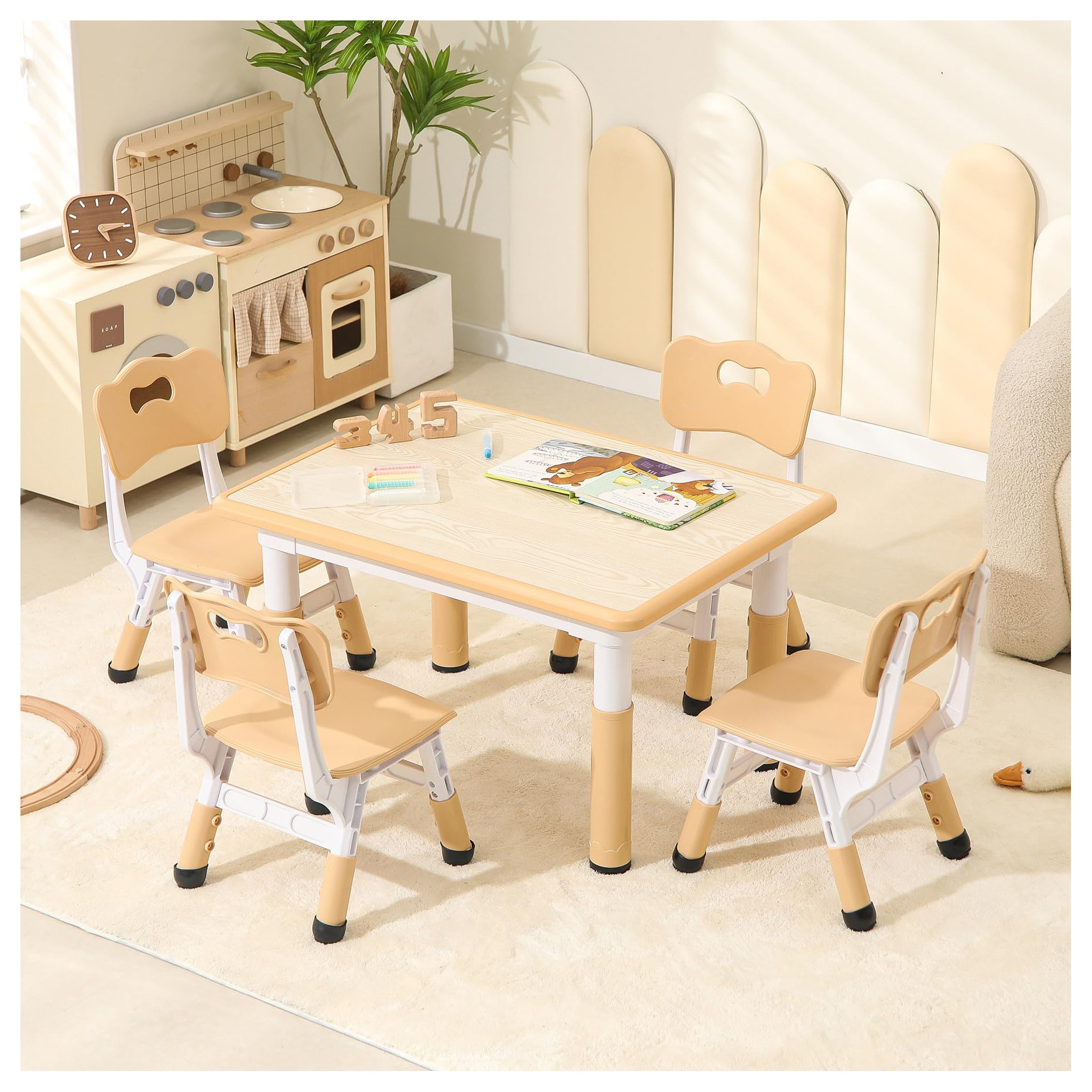 Kids Table and Chair Set,Height Adjustable Toddler Table and Chair Set for Study,31.5''L x 23.6''W Graffiti Table with 4 Chairs