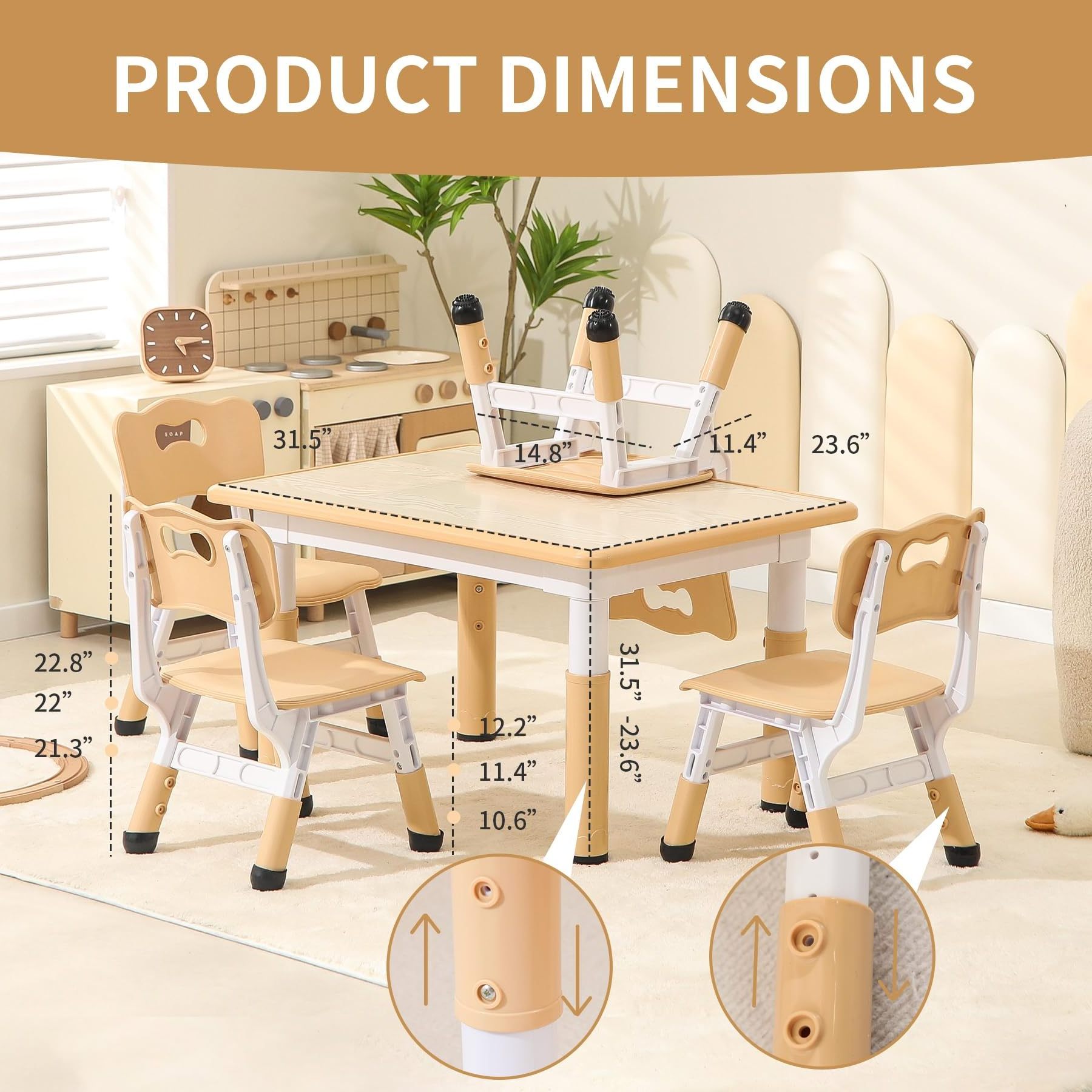 Kids Table and Chair Set,Height Adjustable Toddler Table and Chair Set for Study,31.5''L x 23.6''W Graffiti Table with 4 Chairs