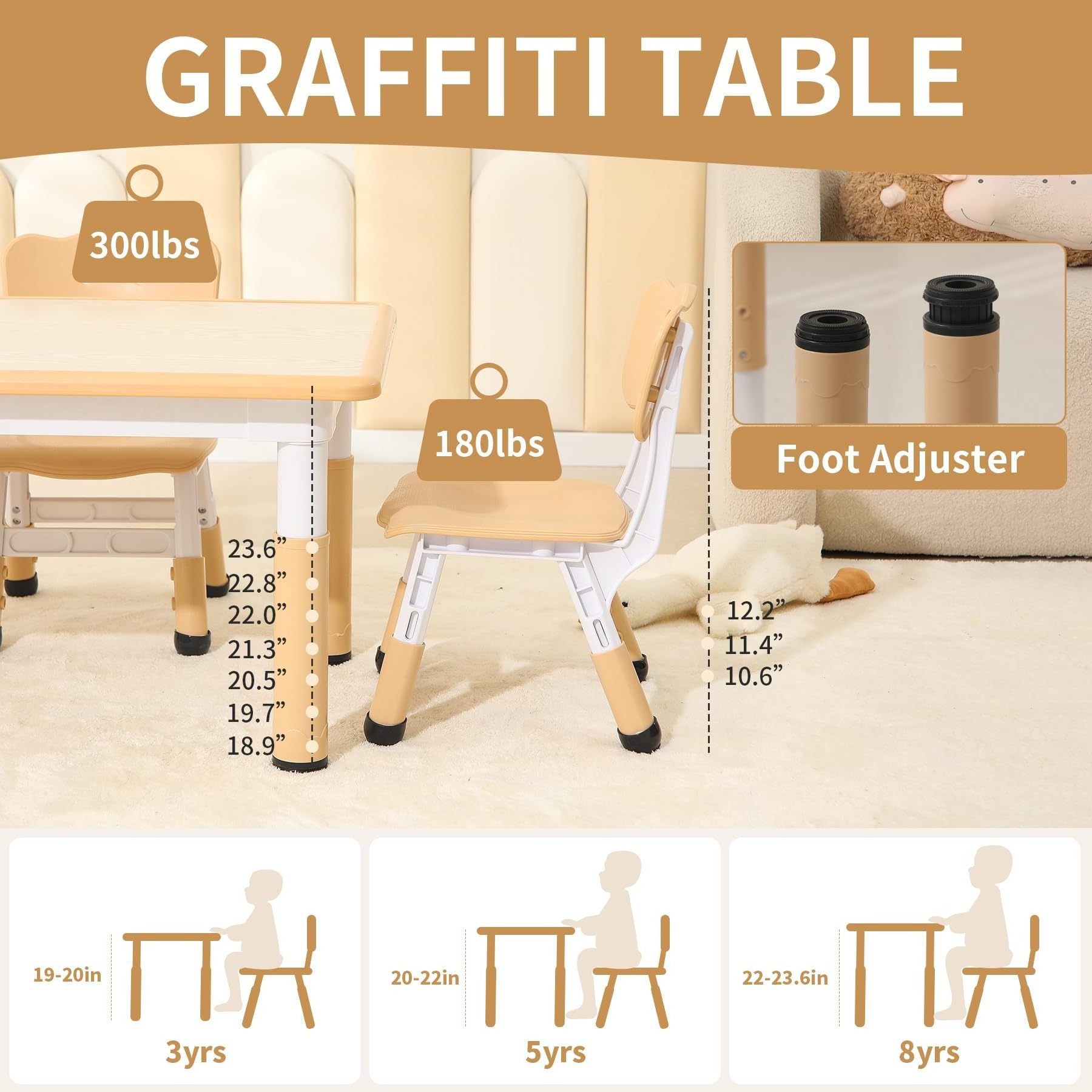 Kids Table and Chair Set,Height Adjustable Toddler Table and Chair Set for Study,31.5''L x 23.6''W Graffiti Table with 4 Chairs