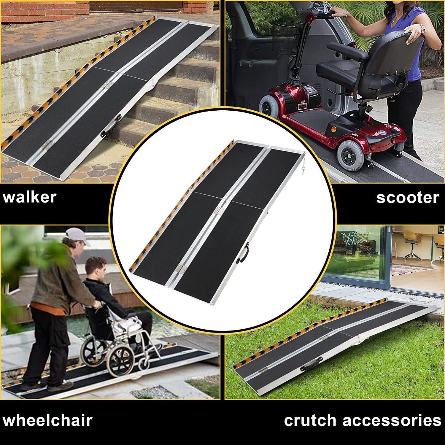 Suitcase Design Portable Wheelchair Ramp for Van Anti-slip Lightweight Pets Ramp Four Folding Aluminum 6ft Long Wheelchair Ramps