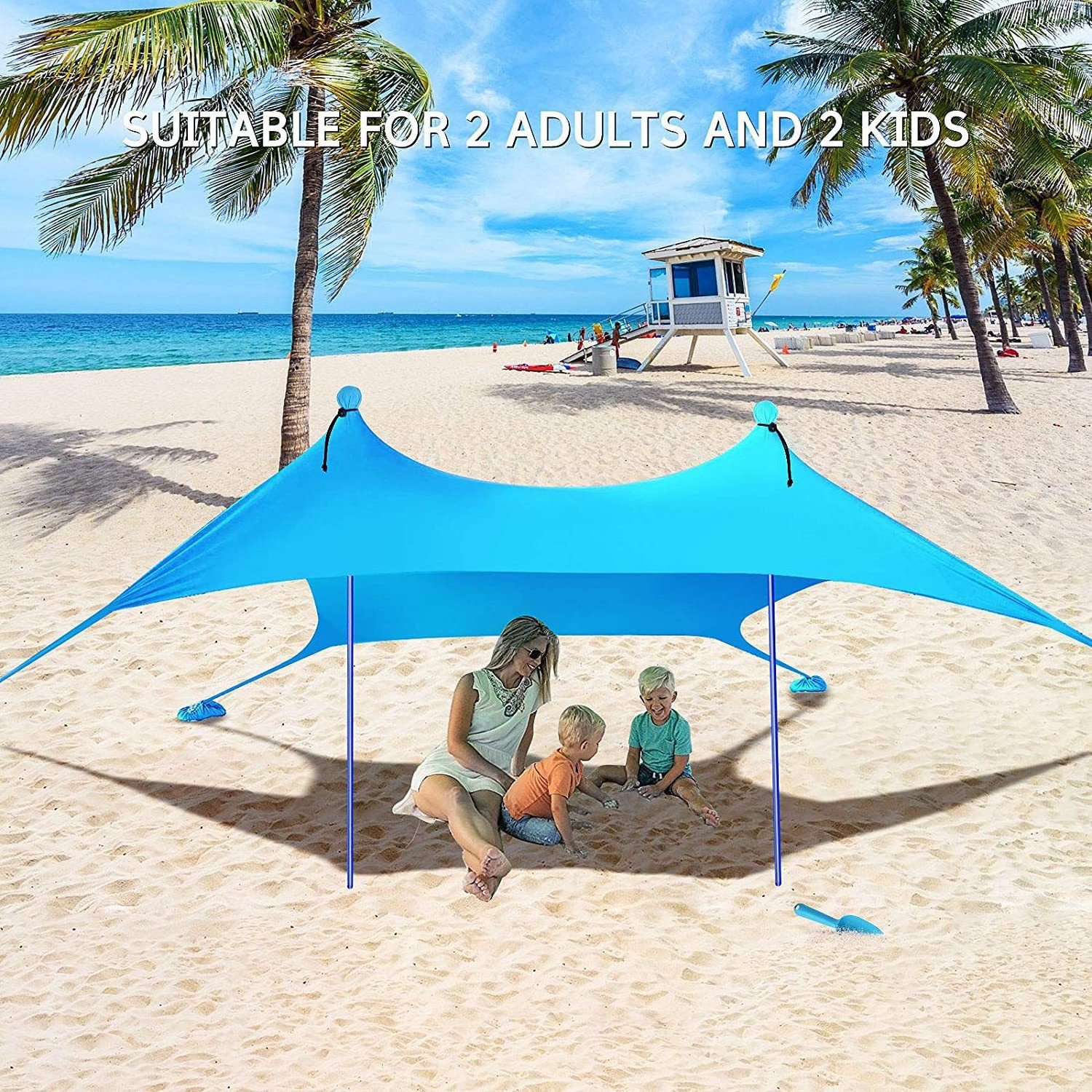 Beach Canopy Awning Sun Shade Beach Tent With Sandbag Quality Lycra Nylon Fabric Iron Poles- Perfect Sun Shelter