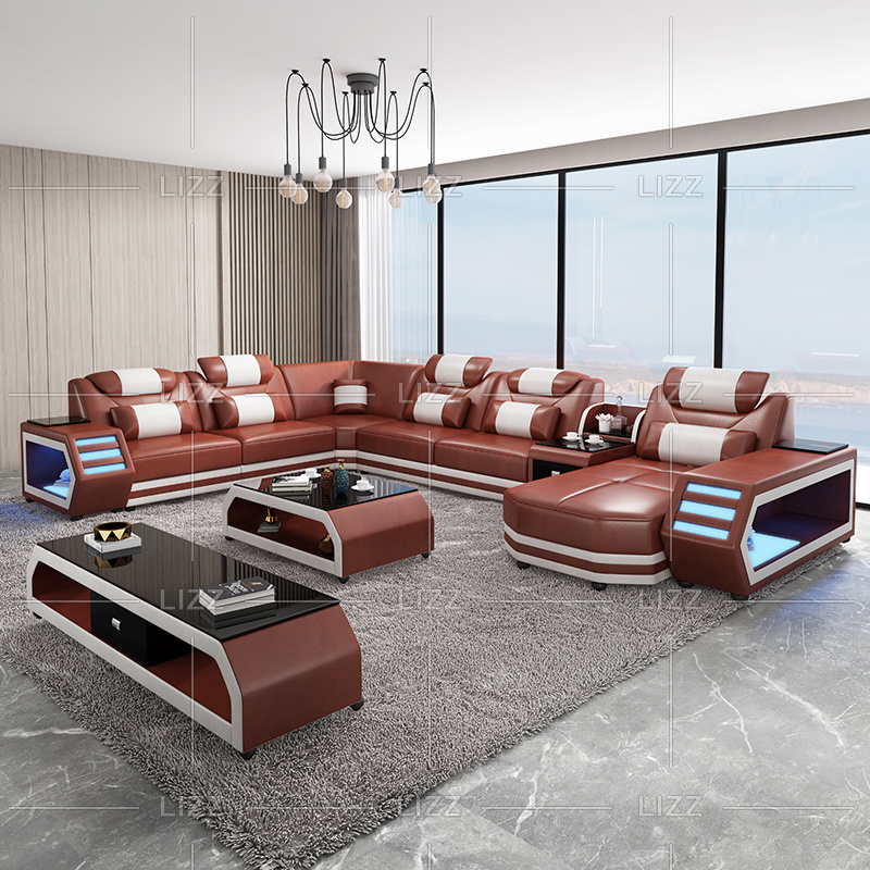 Functional LED Sofa Set For Home Sala Set Genuine Leather  Couch Sectional Sofa