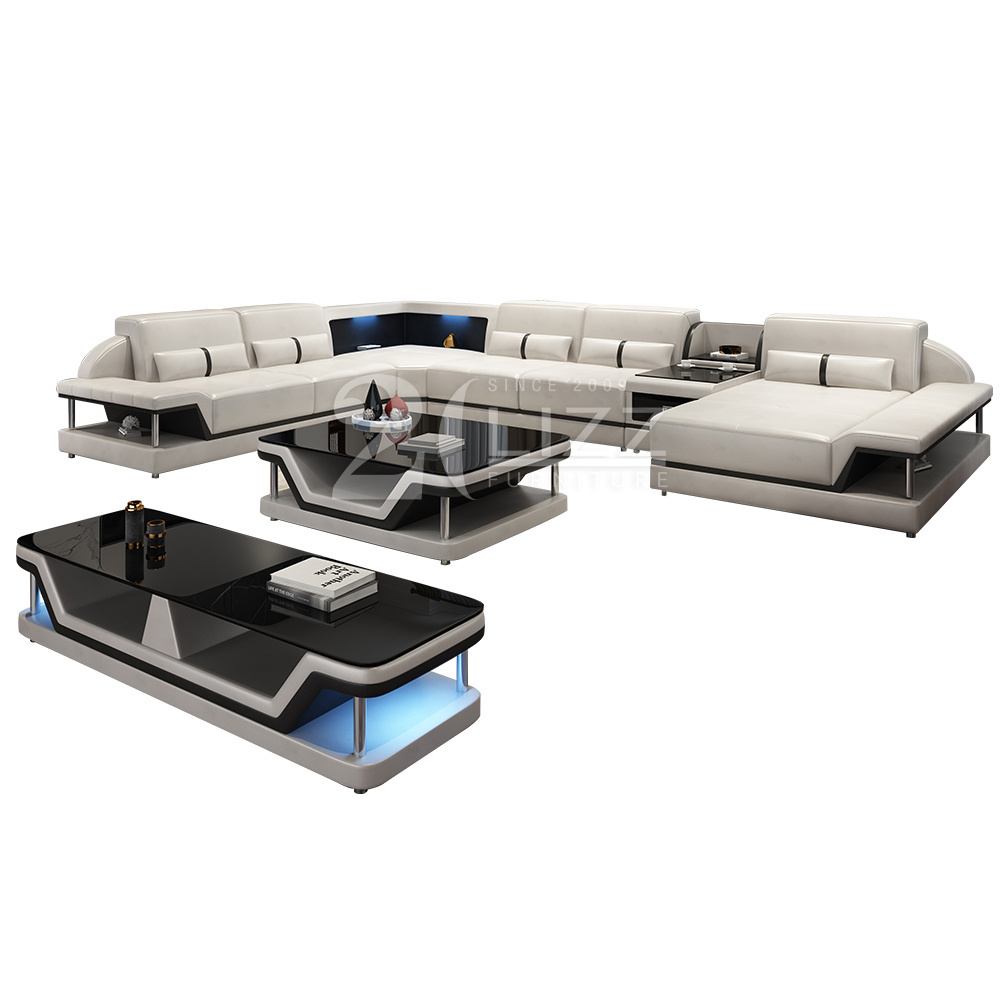 Divani Casa European Ledersofa Luxury Couch Furniture Led Leather Sofa with Coffee Table and TV Unit