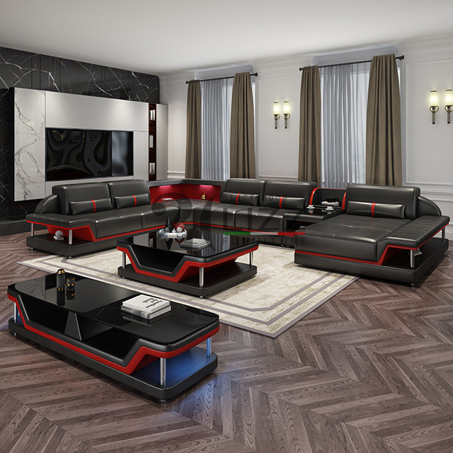 Divani Casa European Ledersofa Luxury Couch Furniture Led Leather Sofa with Coffee Table and TV Unit