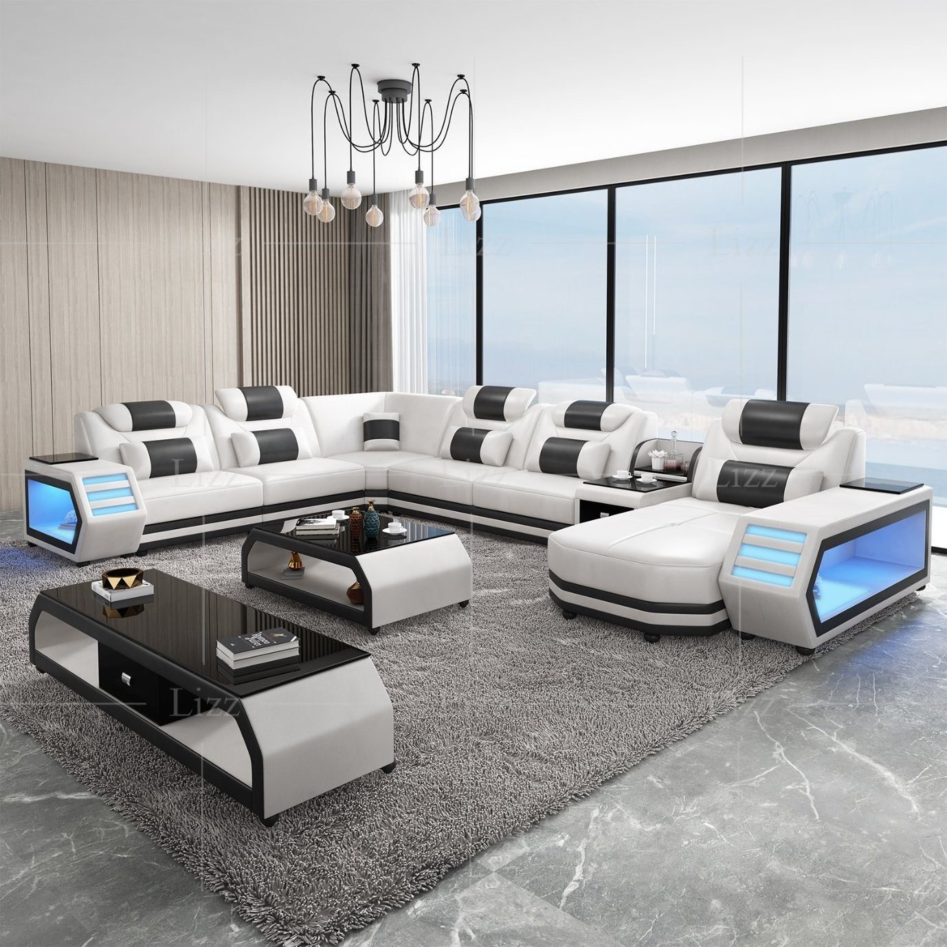 Functional LED Sofa Set For Home Sala Set Genuine Leather  Couch Sectional Sofa